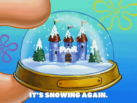 Patrick Star holding a snowglobe saying "It's snowing again."