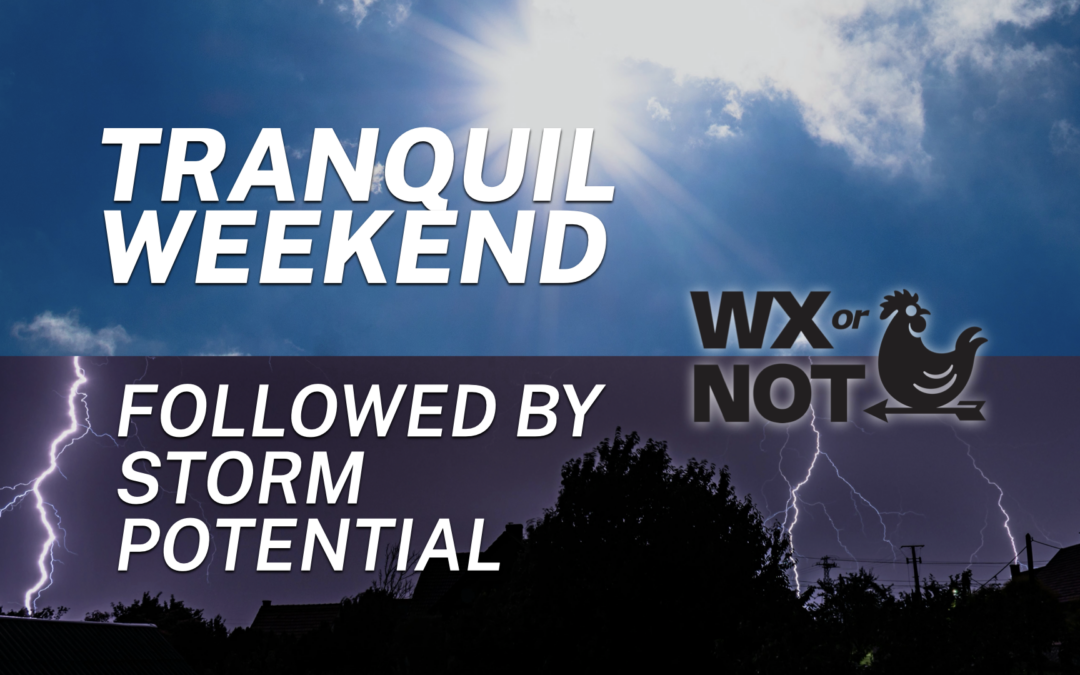 Sunshine on top with the words "tranquil weekend" with a stormy scene below and the words "followed by storm potential."