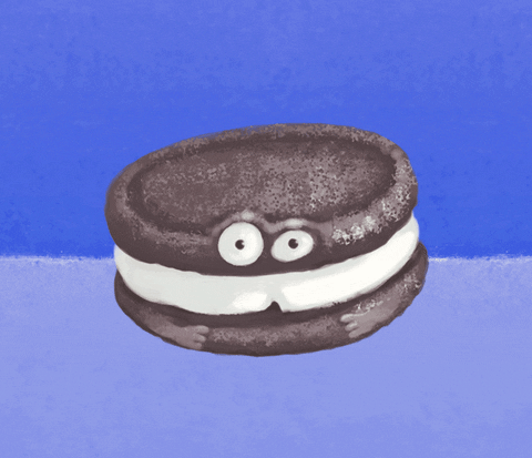 An Oreo cookie with eyes squishing itself down as the cream filling spills out the sides.