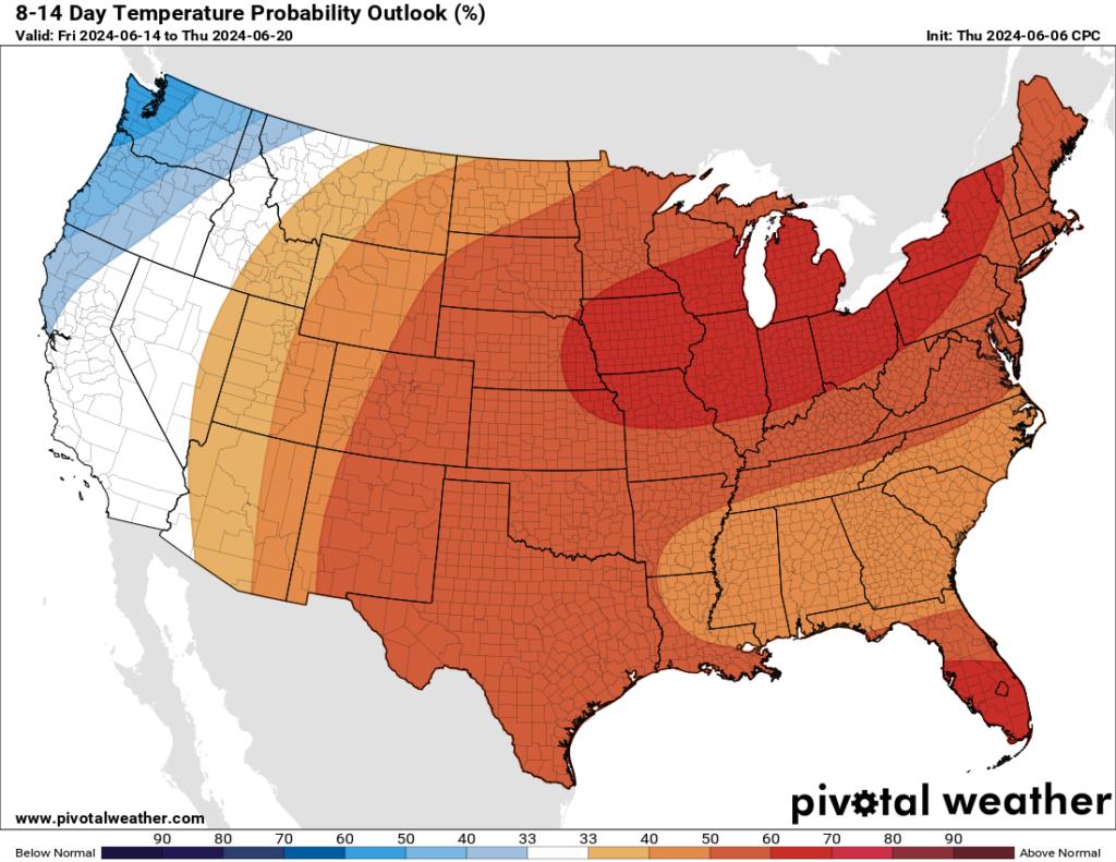 Weather Prediction Center gives us between a 50-60% chance of seeing warmer than normal temperatures into the second half of June after our current cooler stretch. (Pivotal Weather)